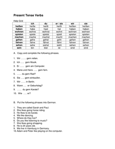 Present tense handout  - personal details