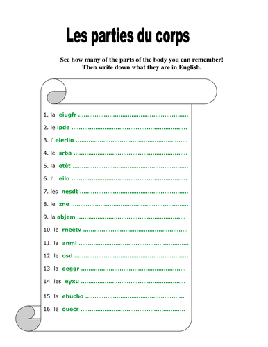 16 body parts - anagrams handout