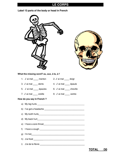 le corps - contrôle de français