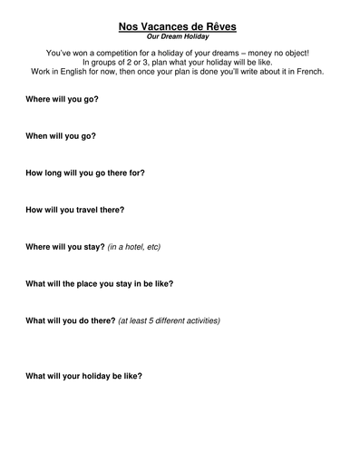 Dream holiday - writing