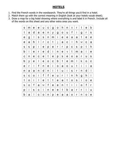 Hotels vocab matching; wordsearch + map