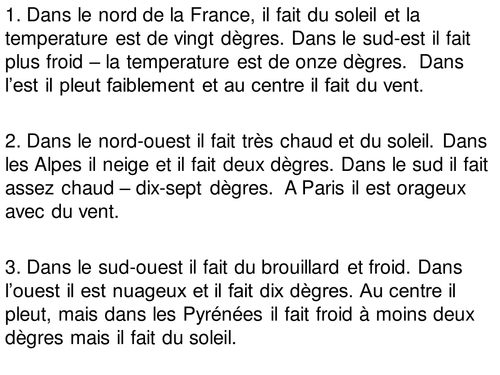 Weather forecasts in French - reading task