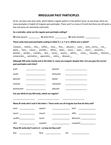 FRENCH IRREGULAR PAST PARTICIPLES