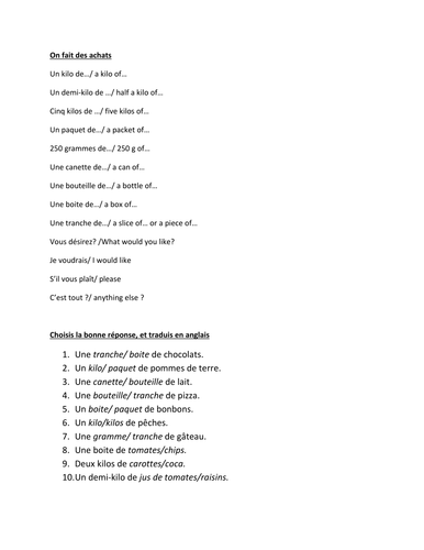 Les quantites; vocabulaire and role play