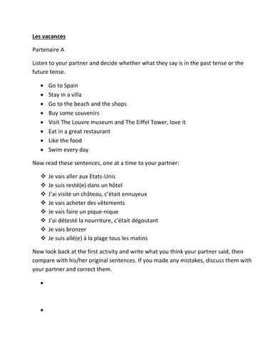 pair work les vacances