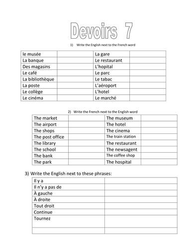homework / places in town and directions