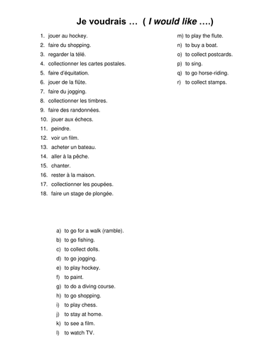 Je voudrais matching vocab handout