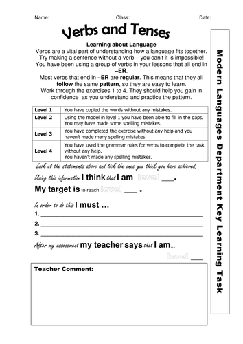 Verbs in the present tense with self assessment