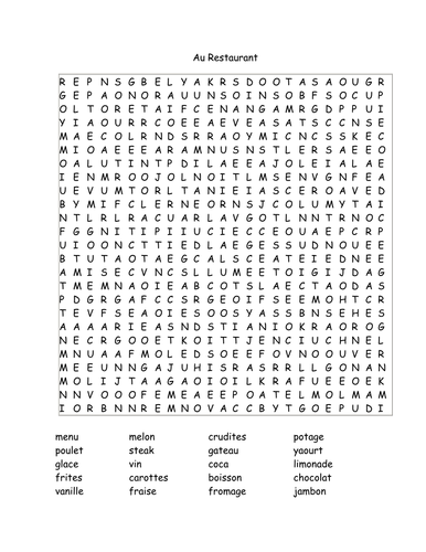 Au Restaurant - Wordsearch