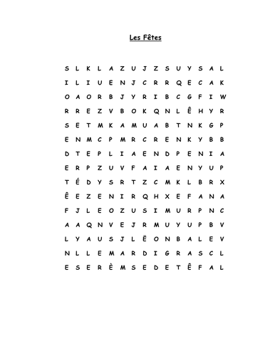 Wordsearch on French Fetes and Festivals