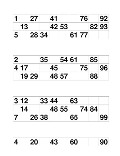 Bingo cards - numbers 1-99