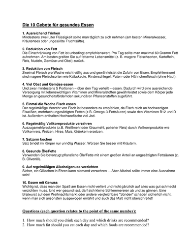 Rules for healthy eating - reading comp