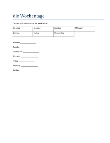 Die Wochentage match up