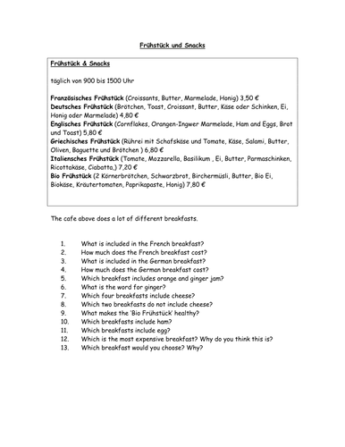 At the cafe Reading Tasks