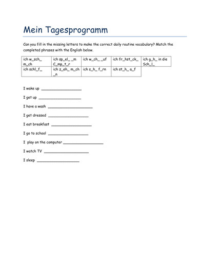 Mein Tagesprogramm missing letters