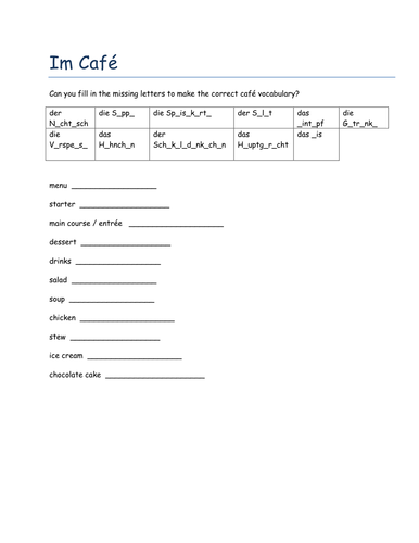 Im Cafe missing letters