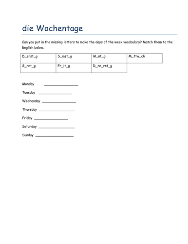 Wochentage missing letters