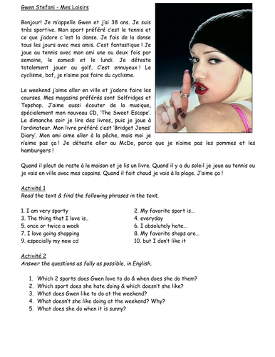 Mes Loisirs - Gwen Stefani Hobbies Text