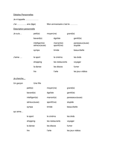 Personality and descriptions dating game