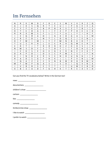 Im Fernsehen wordsearch