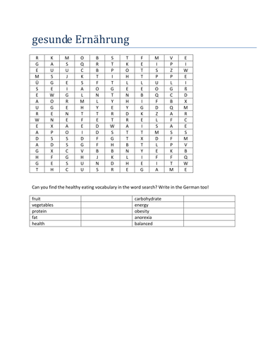 Gesunde Ernaehrung Wordsearch