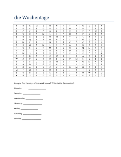 Die Wochentage Wordsearch