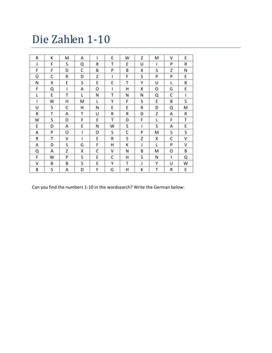 Die Zahlen wordsearch