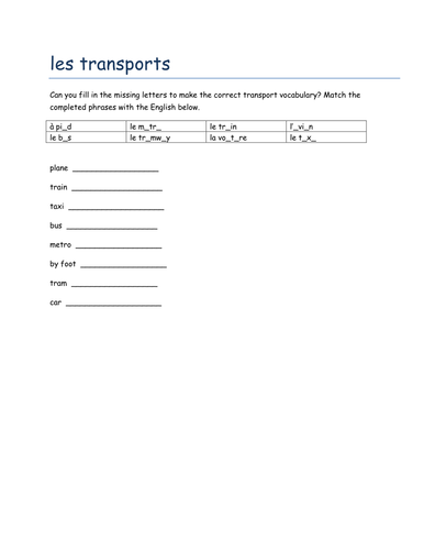 les transports missing letters