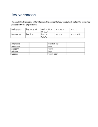 les vacances missing letters