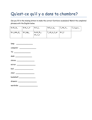 dans la chambre missing letters