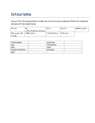 le tourisme missing letters