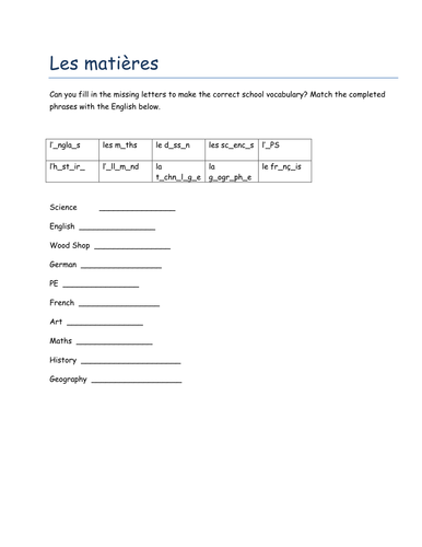 les matieres missing letters