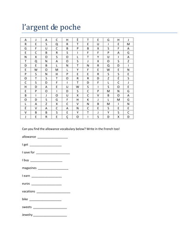 argent de poche wordsearch