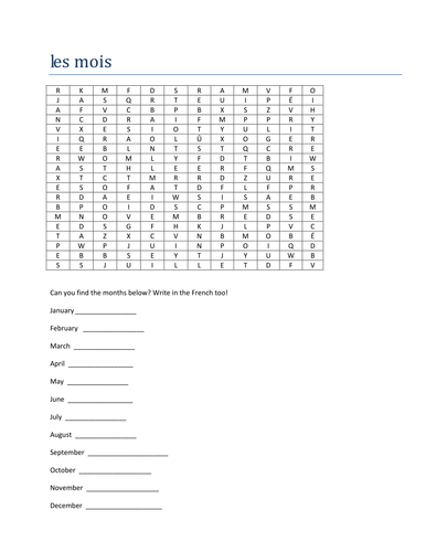 les mois wordsearch