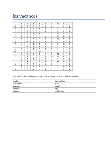 les vacances word search