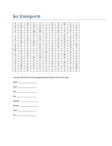 les transports wordsearch