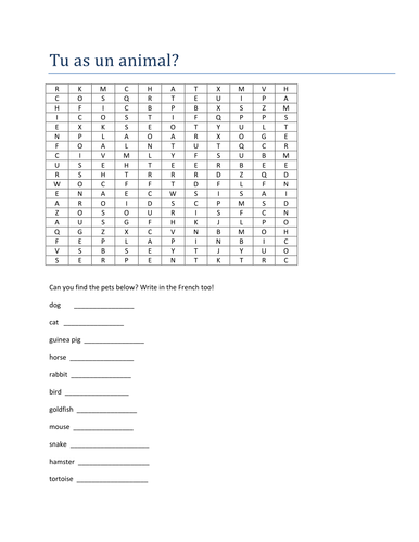 tu as un animal? Word search