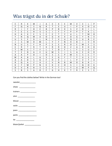 Was traegst du in der Schule? Wordsearch