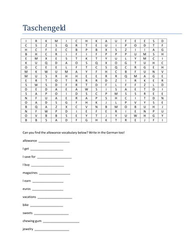 Taschengeld word search