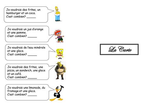 Ready made food menu worksheet