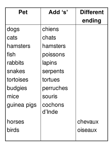 Les animaux - plurals grid