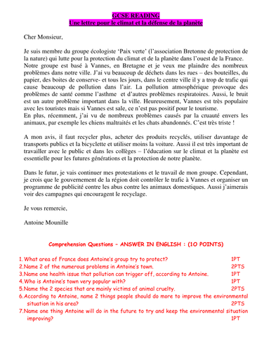 READING ACTIVITY: A LETTER FOR THE ENVIRONMENT