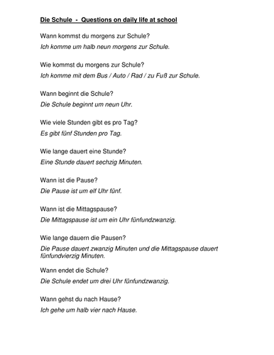 Der Schultag - sample questions & answers