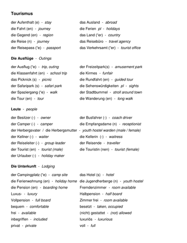 Tourismus Vokabeln