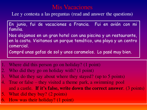 Reading task on describing a past vacation