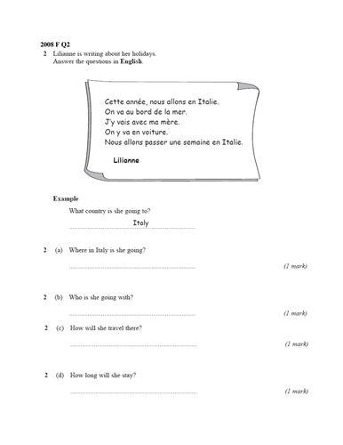 Past paper questions - holidays