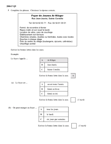 Past paper questions - hotels & tourist info