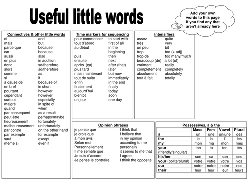 Helpsheet with key words - connectives etc