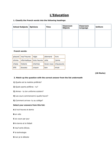 Questions on the topic of school