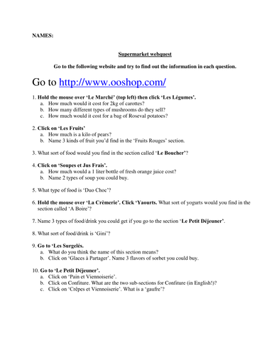 Supermarket webquest